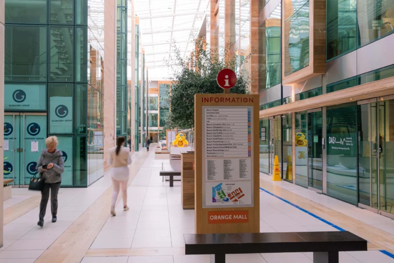 Exterior of Beacon Mall, showing a map indicating Vasectomy.ie at Suite 16 Beacon Mall in Sandyford